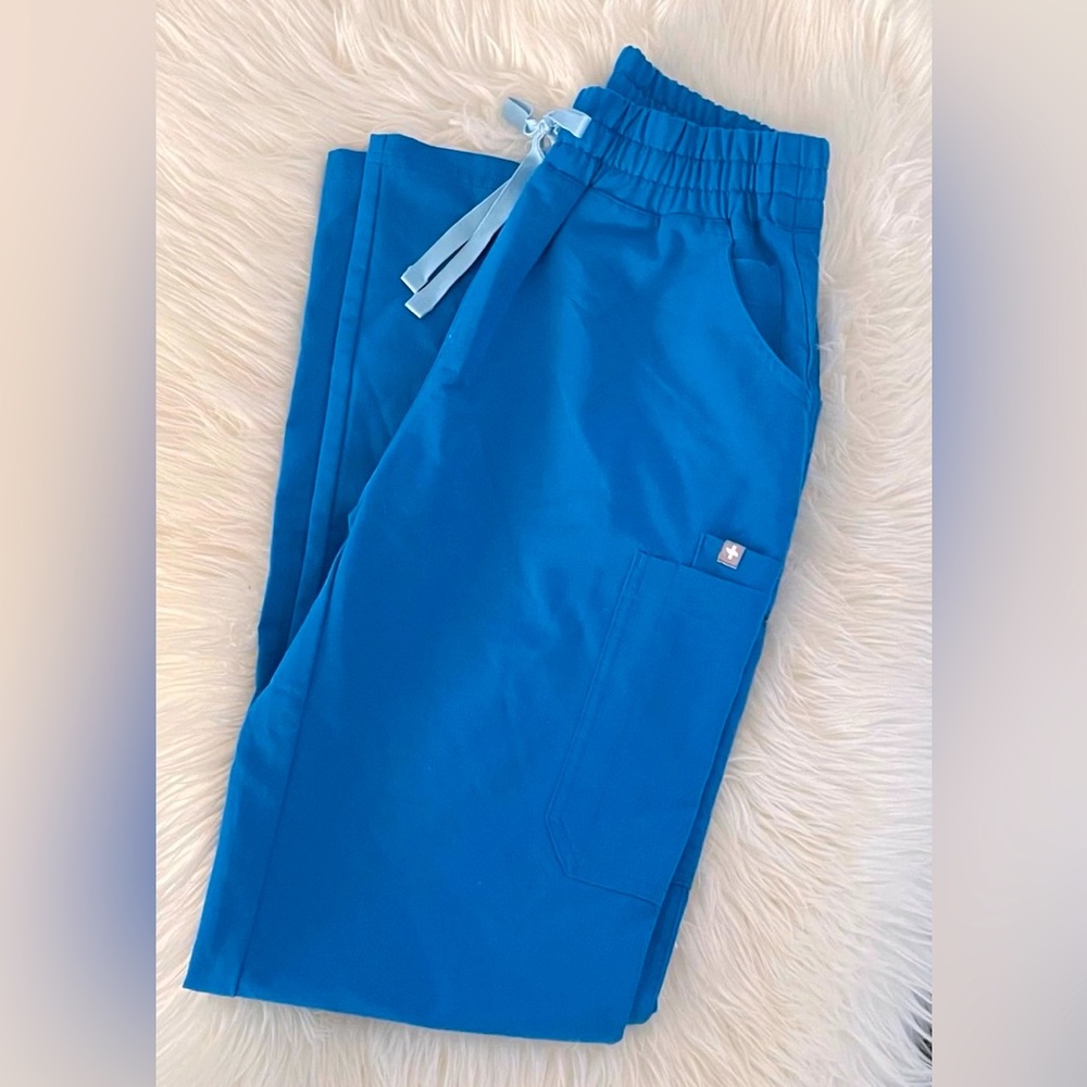 Figs Medical Scrub Pants in Bright Blue with Light Blue Drawstring